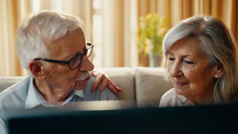 elderly couple using computer together