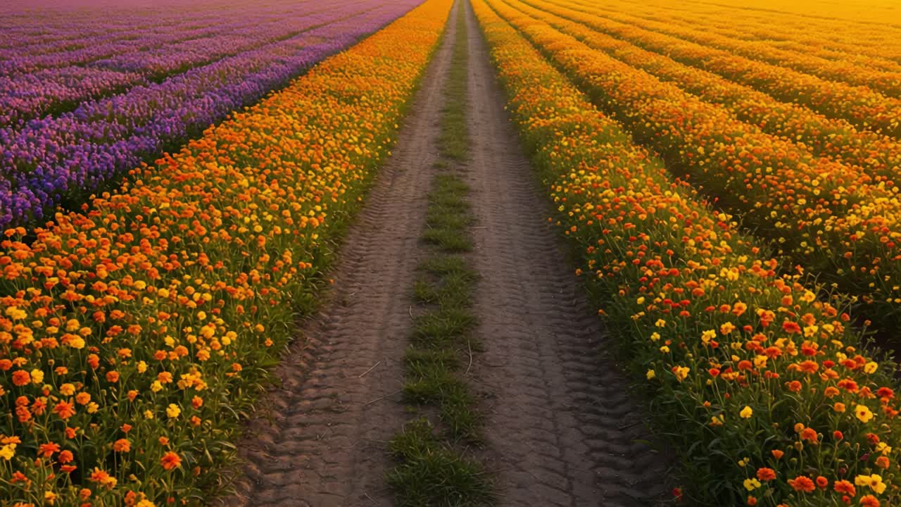 A Vibrant and Colorful Flower Field: A Stunning View of Rows of Blooming Flowers with Rich Purple, Orange, and Yellow Petals Under a Clear Sky