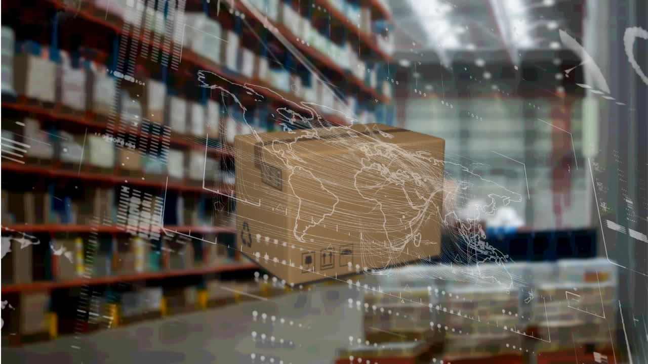 Animation of package and network of connections over shelves in warehouse
