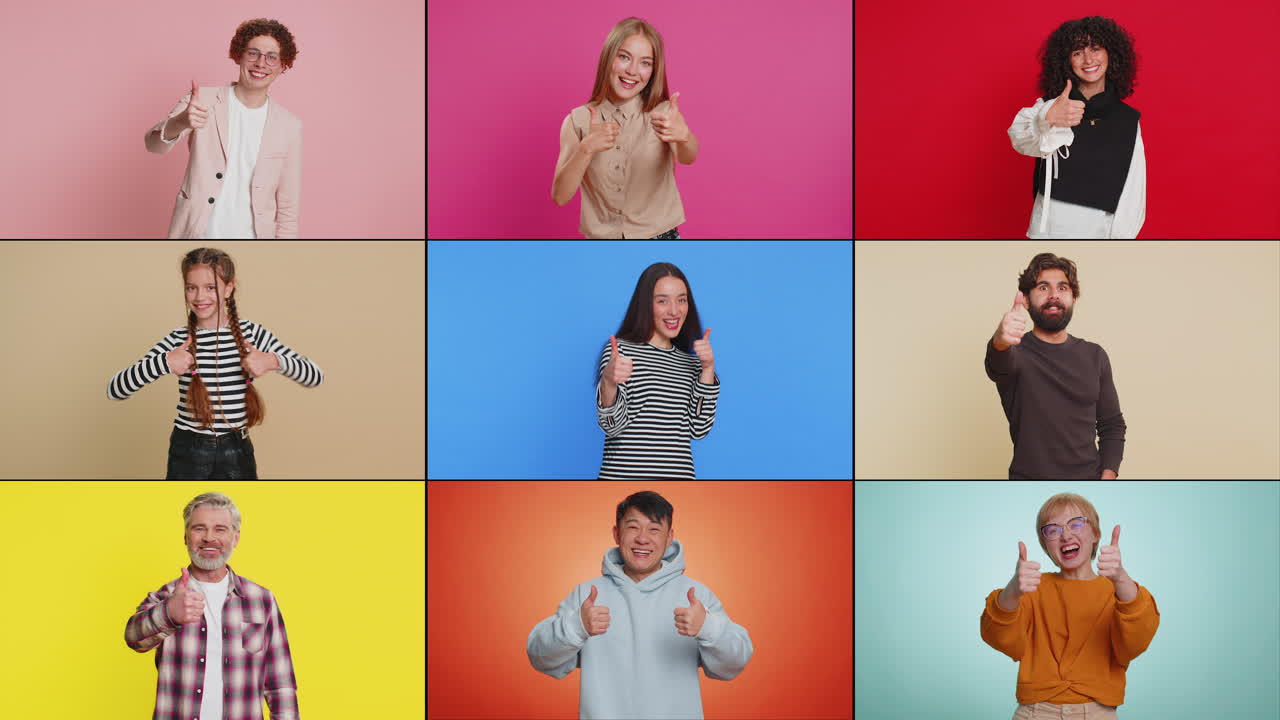 collage de diversas personas felices y sonrientes mostrando los pulgares hacia arriba como un signo positivo buena retroalimentación positiva
