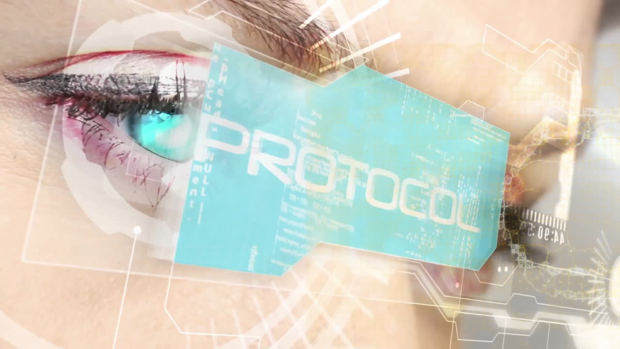 Animation of digital interface overlaying human eye with PROTOCOL text in focus