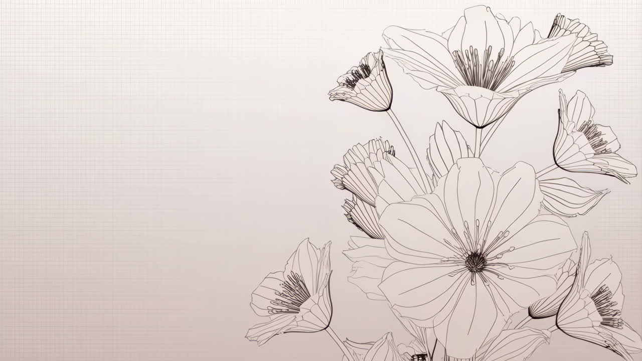 Elegant Line Art Floral Illustration on Grid Background