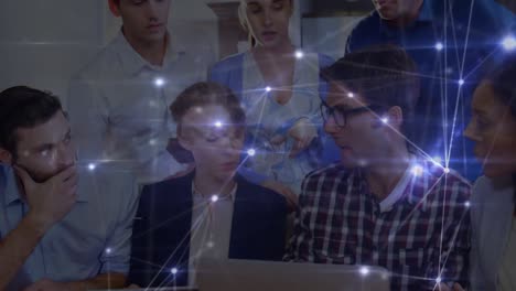 animation of network of connections over happy diverse male and female coworkers in office
