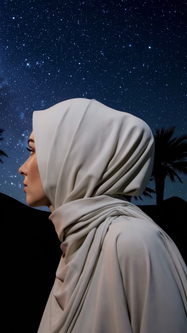 Woman in Hijab under Stars in Desert