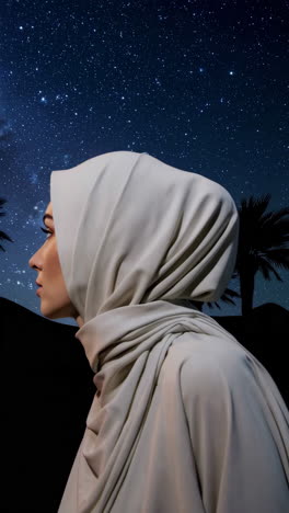 woman in hijab under stars in desert
