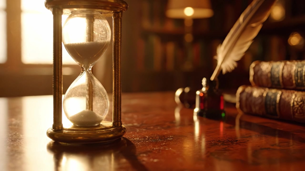 An Elegant Hourglass on a Vintage Wooden Desk Surrounded by Quills, Ink Bottles, and Books, Capturing the Essence of Time in a Classic Study Setting