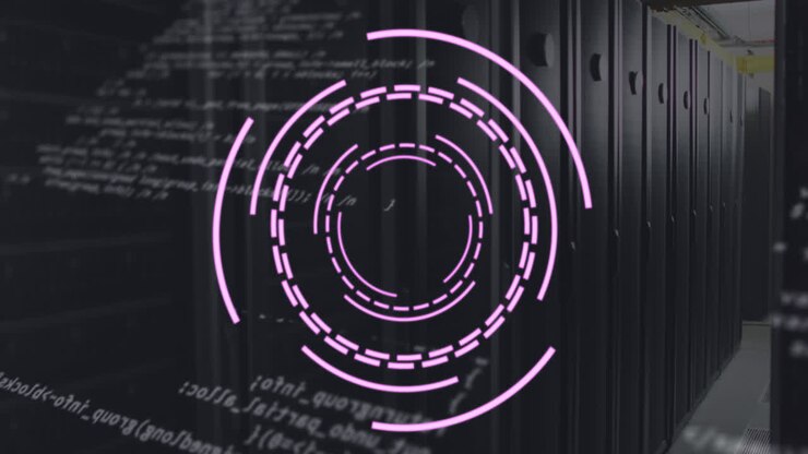 Animation of spinning round scanner and data processing against computer server room