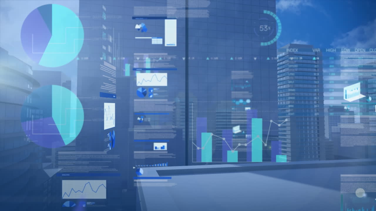 animación del procesamiento de datos financieros sobre el paisaje urbano