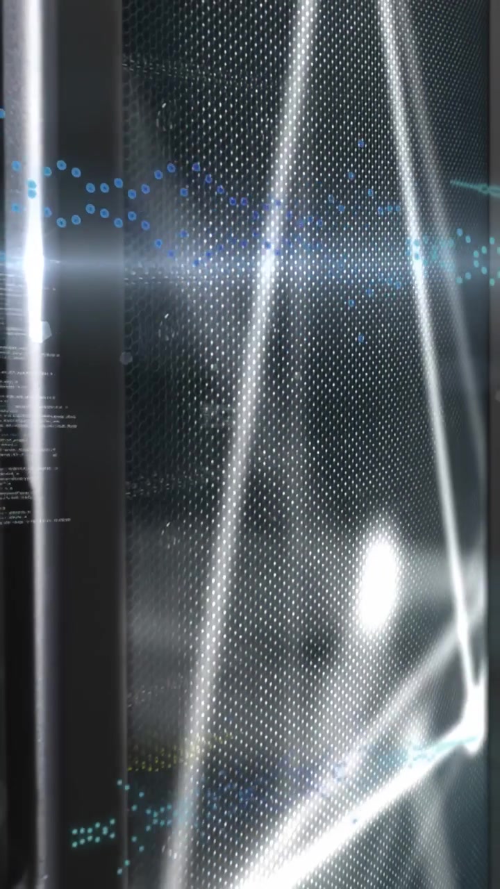 Vídeo vertical: Painel de malha visualizando tecnologia de áudio, mostrando forma de onda azul ascendente e traços angulares