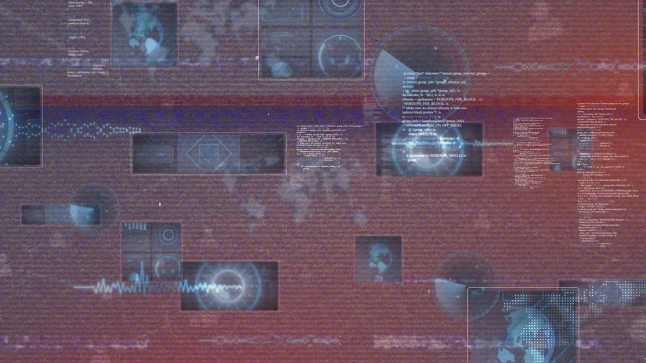Animering av grafiska infografiska gränssnittsskärmar med programmeringsdata och karta som rör sig i en loop