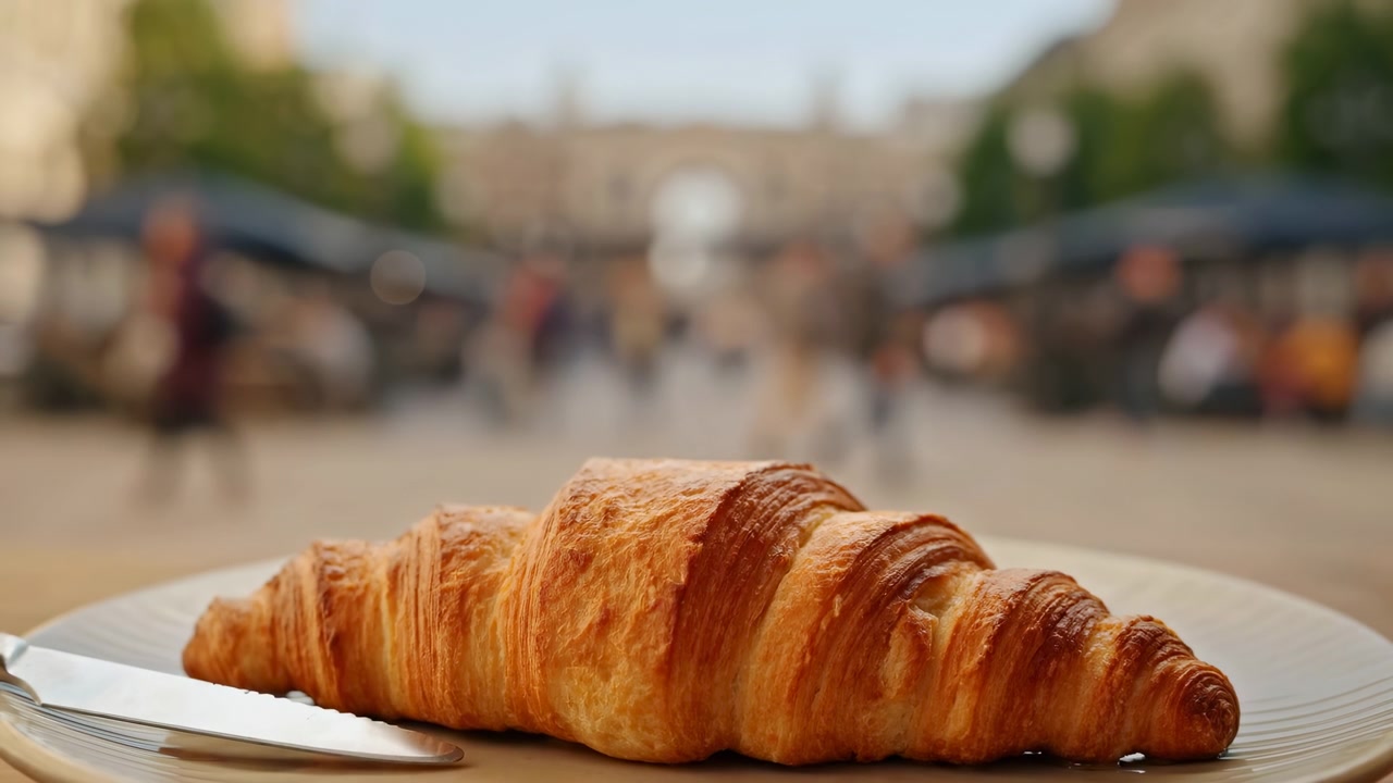 Close low-angle view of single golden-brown croissant on white ceramic plate with metal knife beside it, set on outdoor cafe table with soft daylight and blurred market scene, with croissant, pastry
