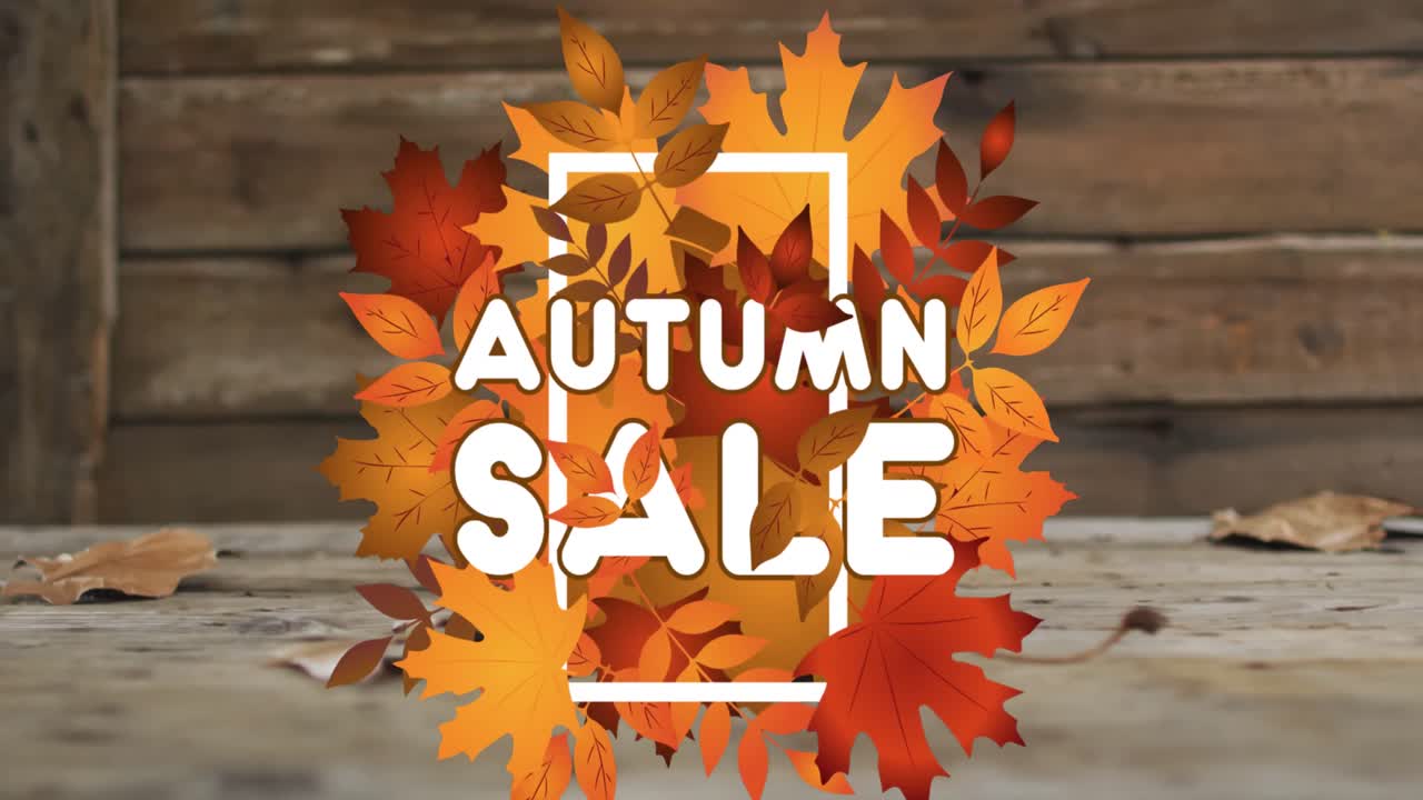 나무 바탕에 잎 위에 가을 판매 텍스트의 애니메이션.