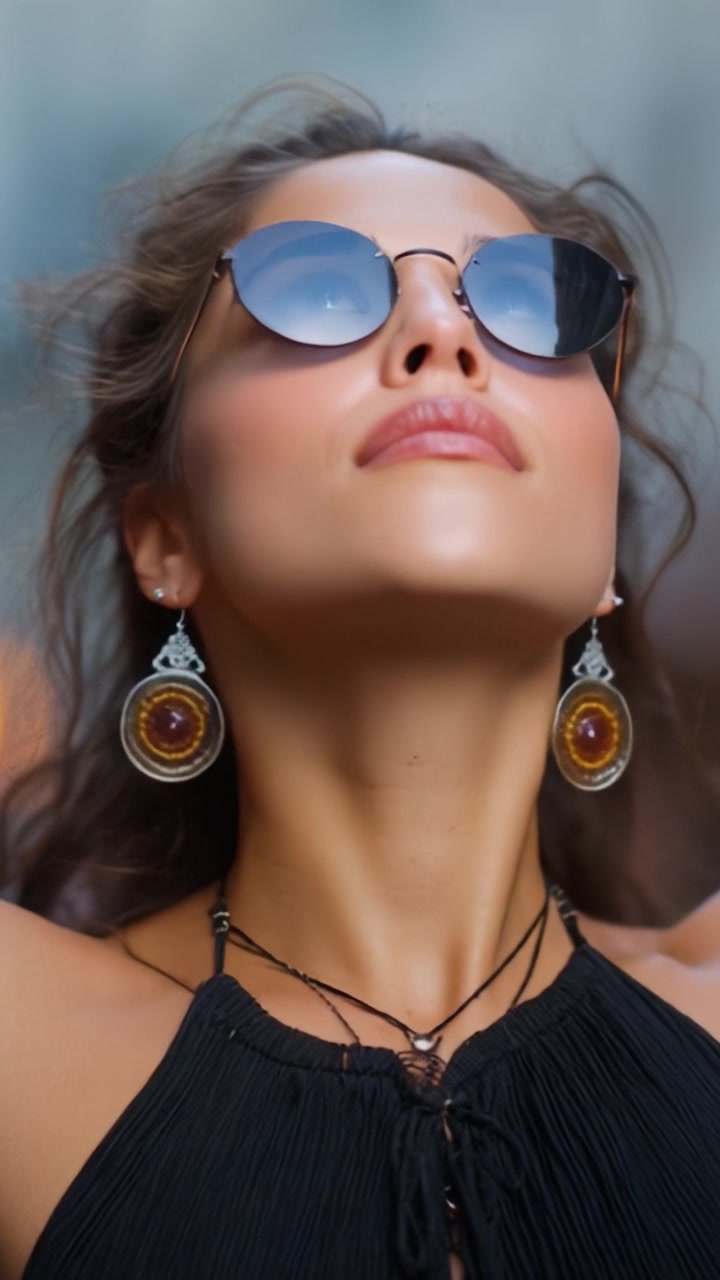 Una donna sicura di sé si gode la giornata di sole, mostrando i suoi occhiali da sole alla moda e orecchini eleganti, mentre emana un'aura di grazia e fascino in un vivace ambiente urbano.
