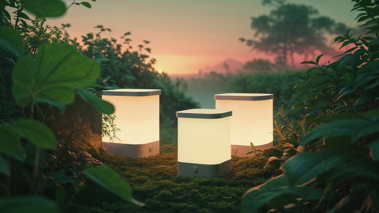 Colorful Glowing Lamps in a Sunset Garden