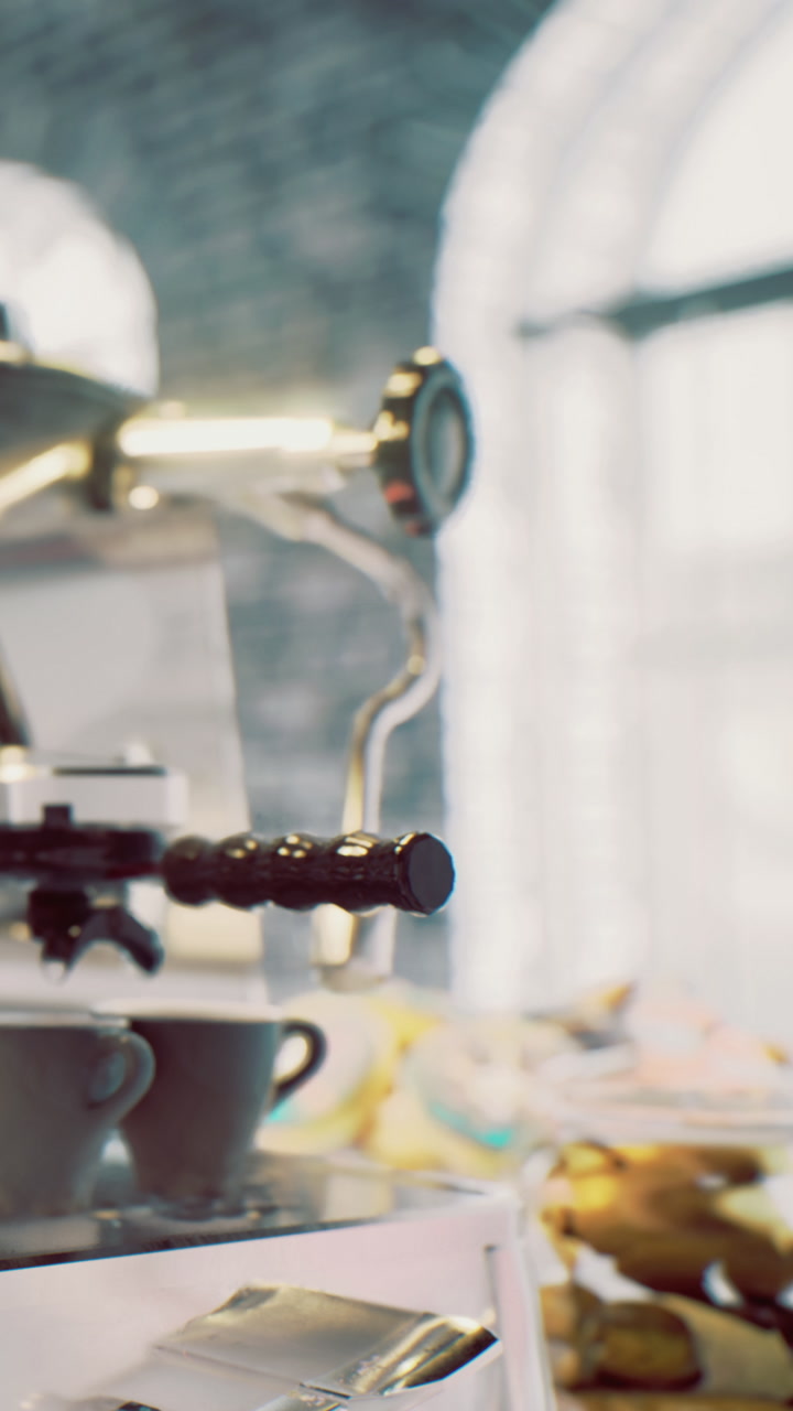 Coffee shop scene with brewing equipment and baked goods on display