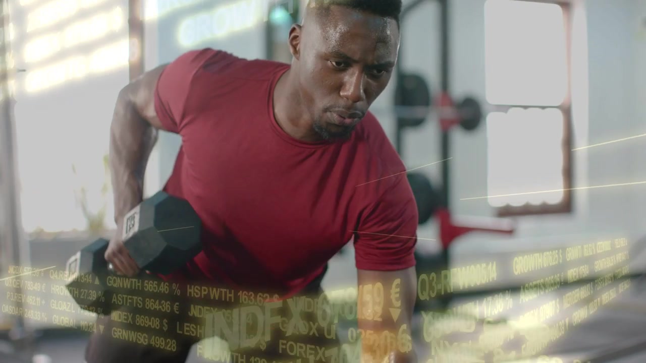 Man gripping dumbbell and doing one-arm rows for fitness, scrolling data layer overlaying footage