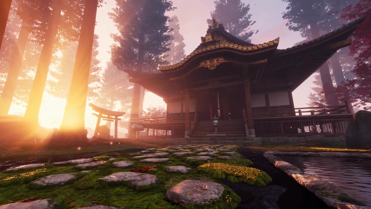 Tempio giapponese tradizionale in una foresta serena al tramonto