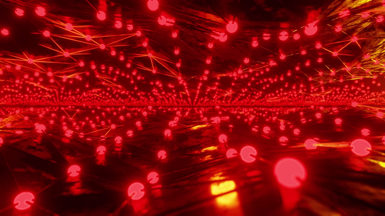3D render animation of tunnel with red geometric neon illumination