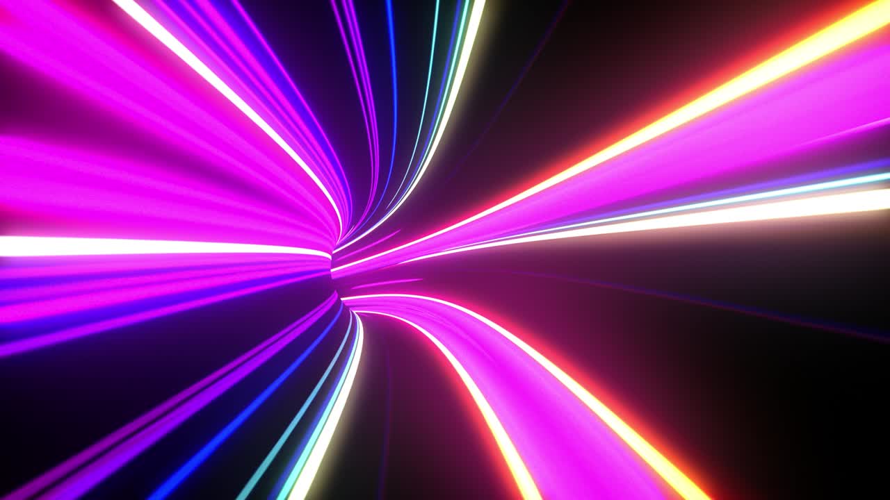 linee dritte multicolori colorate su uno sfondo scuro. animazione astratta di neon, laser e linee. volo attraverso tunnel di dati. ciclo senza cuciture, animazione 3d in 4k