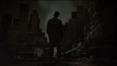 full body back view of asian male soldier shaking his head while standing in the midst of a ruined city after a war