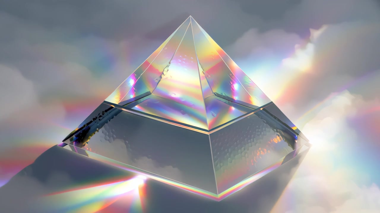 Filmato 3D astratto di un prisma piramidale di vetro trasparente con riflessi e rifrazioni iridescenti arcobaleno, ambientato su uno sfondo di cielo nuvoloso e morbido con spazio per il testo
