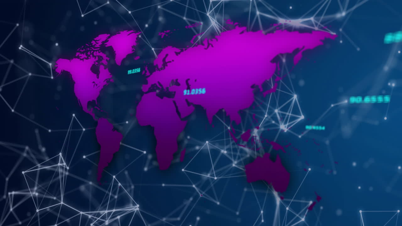 Purple world map silhouette visualizing network links, showing glowing nodes and floating data