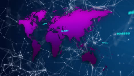 purple world map silhouette visualizing network links, showing glowing nodes and floating data