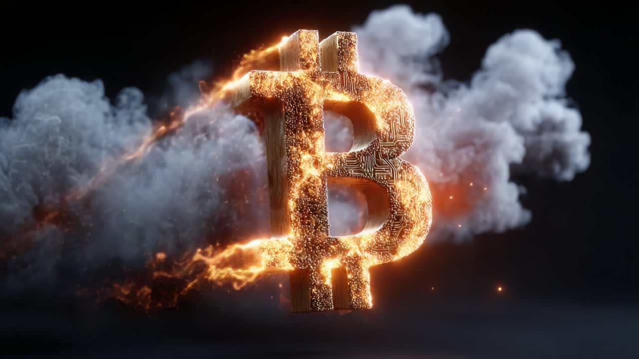 A Captivating Visual Depiction of Bitcoin's Symbol: The Explosive Fusion of Cryptocurrency and Digital Art Through Fire and Smoke Effects