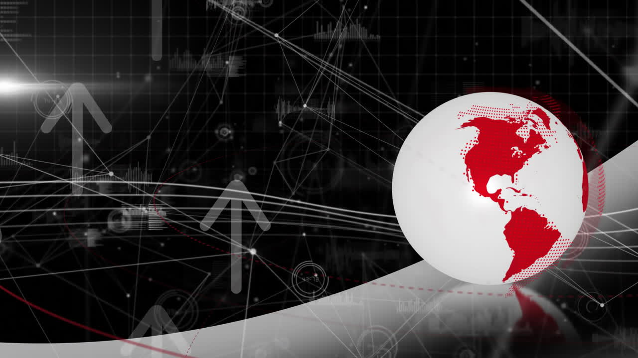 animación de globo con conexiones y flechas en fondo negro