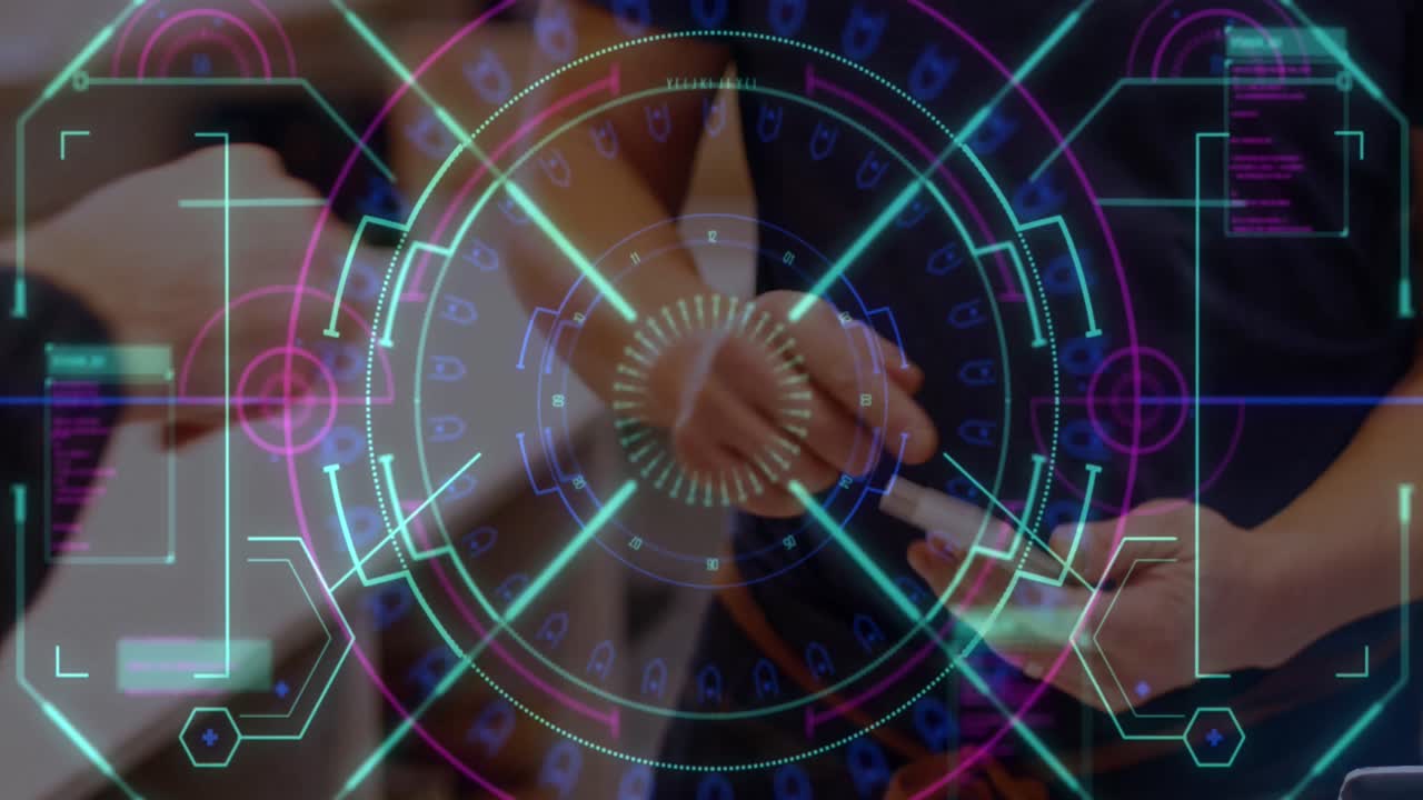 animação de tela digital sobre as mãos de pessoas caucasianas usando terminal de pagamento