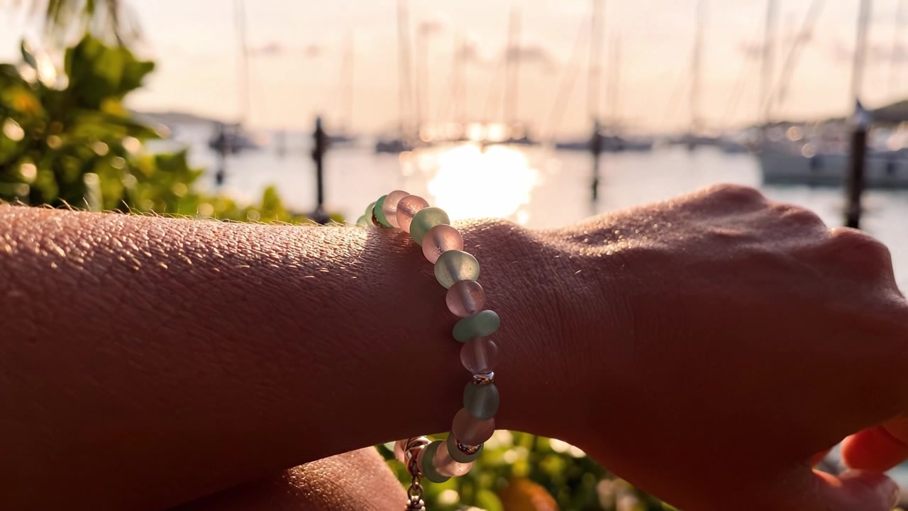 A Beautiful Sunset Reflection on Water Highlights a Colorful Bracelet Adorning a Wrist, with Lush Greenery Framing a Serene Coastal Scene.