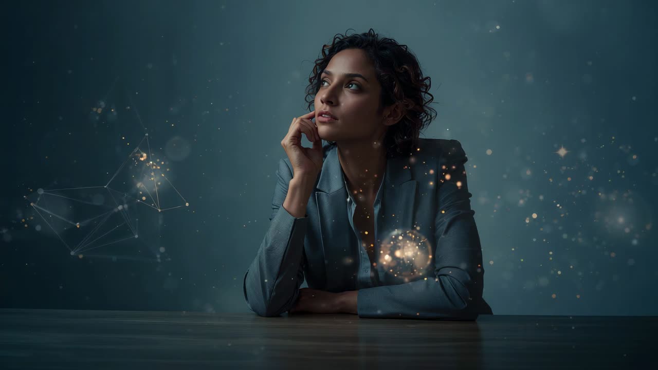 Watching holographic lights forming, woman in slate blazer resting chin on wooden table, reflecting