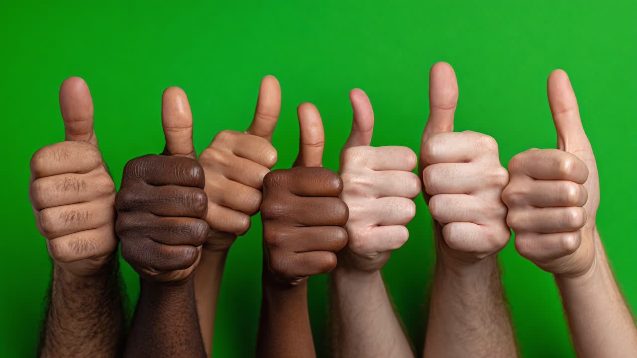 A Diverse Group of Individuals Giving Thumbs Up Against a Bright Green Background, Representing Unity, Positivity, and Supportive Communication Among Different Cultures