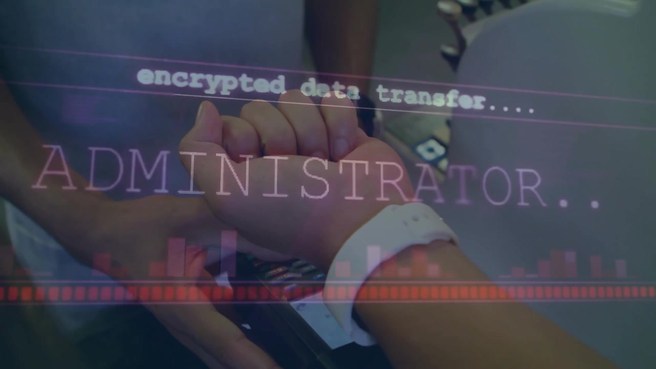 Man using scanner scanning smartwatch activating overlay showing data transfer progress in security