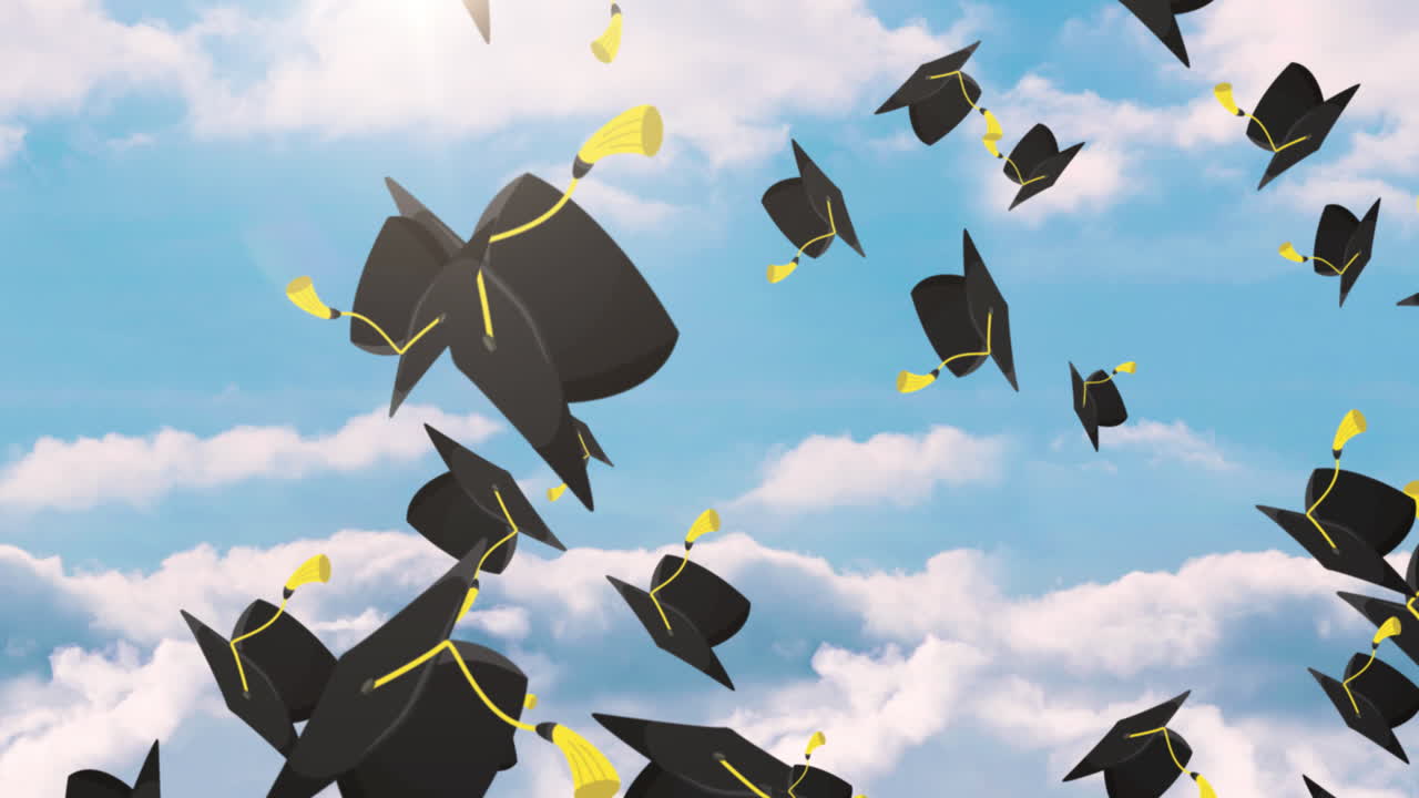 Animation of graduation hats falling against blue sky