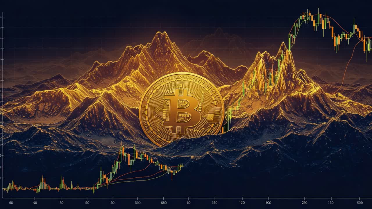 A Captivating Visualization of Bitcoin's Price Trends Against an Enigmatic Mountain Landscape, Highlighting the Intersection of Cryptocurrency and Nature's Beauty