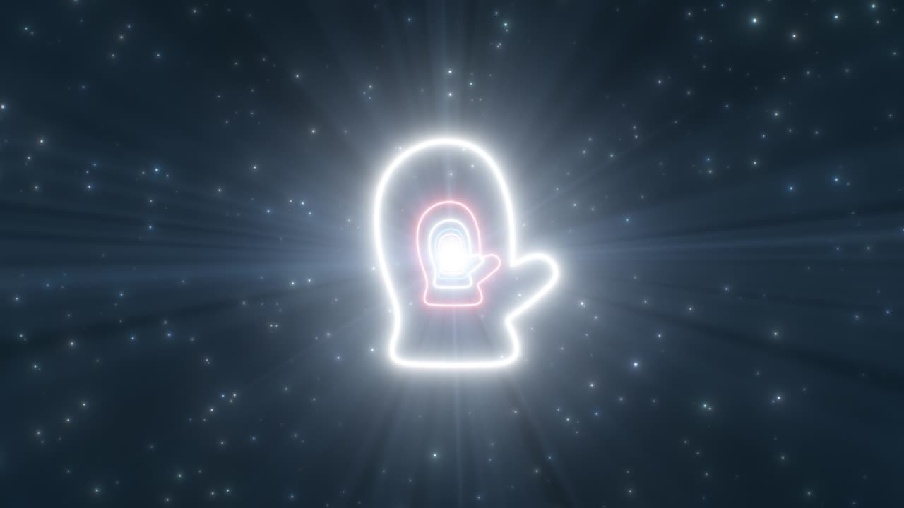 겨울 장갑 손 모양과 반이는 눈 입자 네온 조명 터널 - 4k 원활한 vj 루프 모션 배경 애니메이션