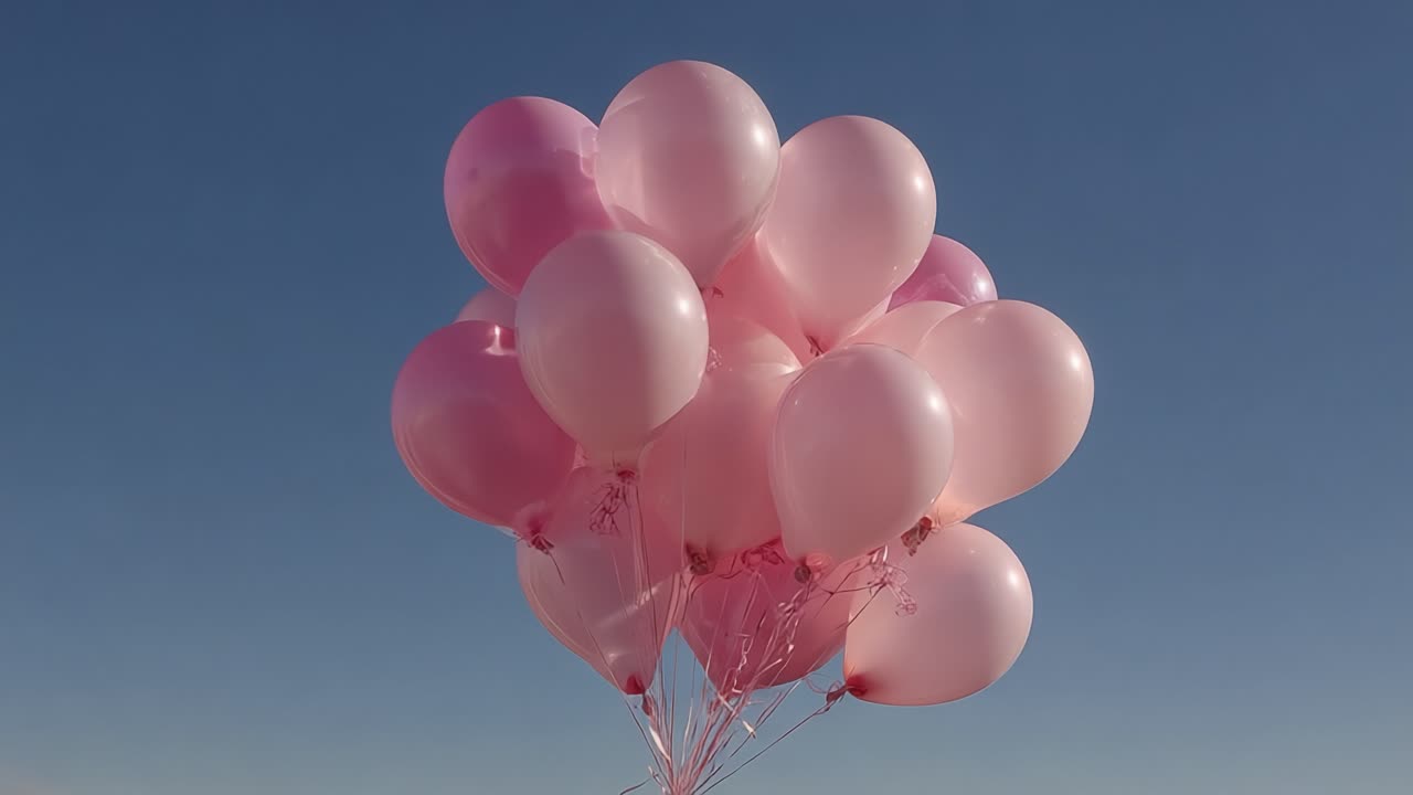 Una vista mozzafiato di graziosi palloncini rosa che danzano su un sereno cielo blu, catturando l'essenza della celebrazione e della gioia in ogni sfera fluttuante