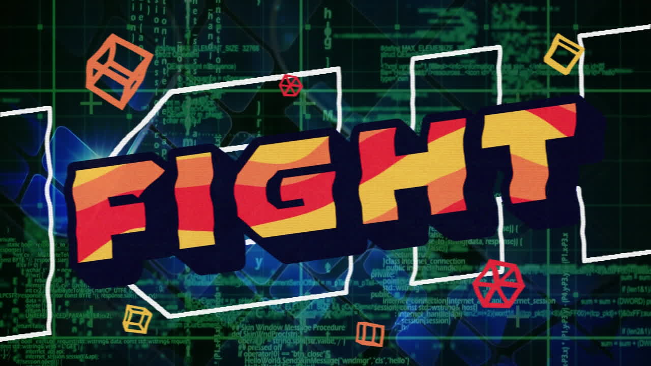 검은색 배경에서 모양과 데이터 처리에 대한 싸움 텍스트의 애니메이션