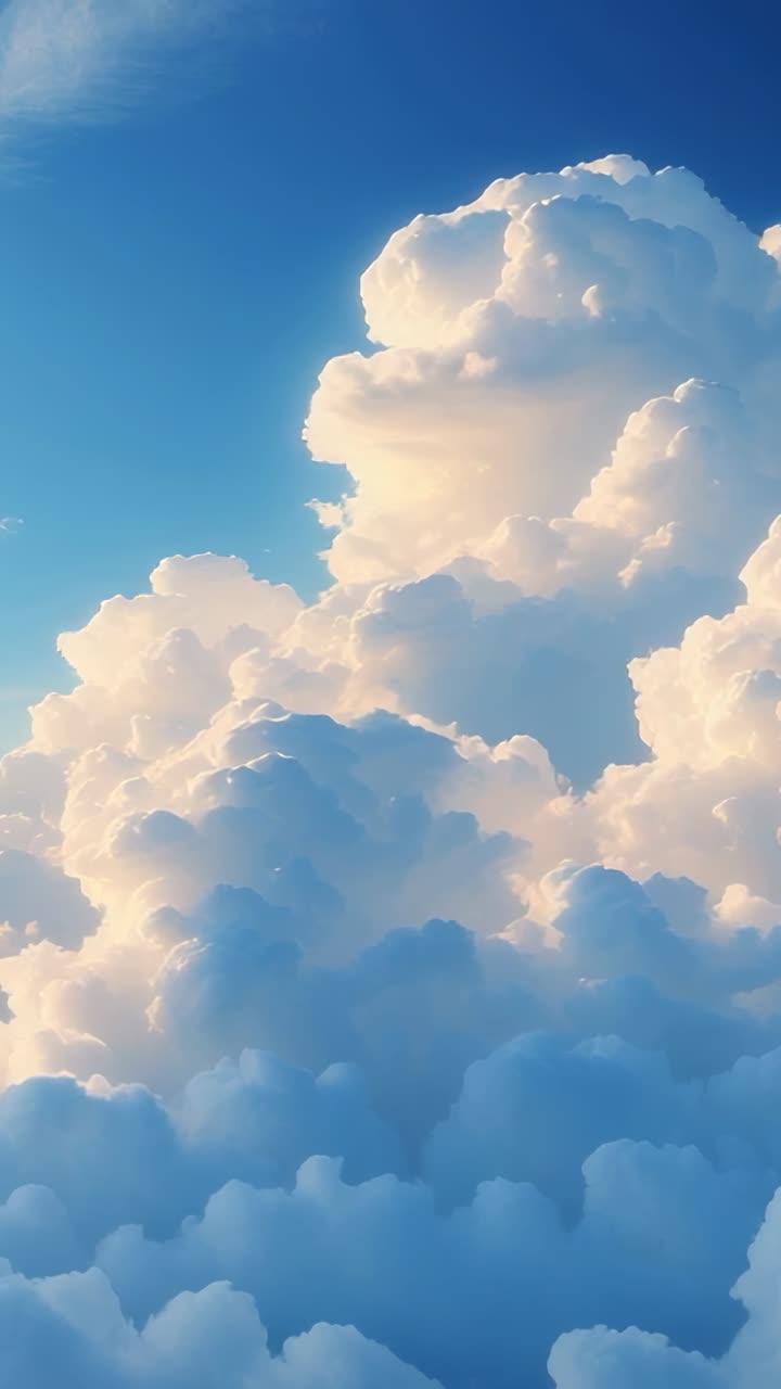 Vertical video: Towering cumulus cloud growing in sky after sunlight shifting, with clear blue sky
