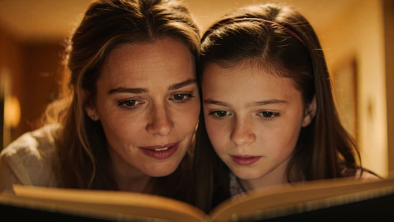 Madre e figlia leggono a casa, avvicinandosi, con la storia che le cattura in un libro aperto.