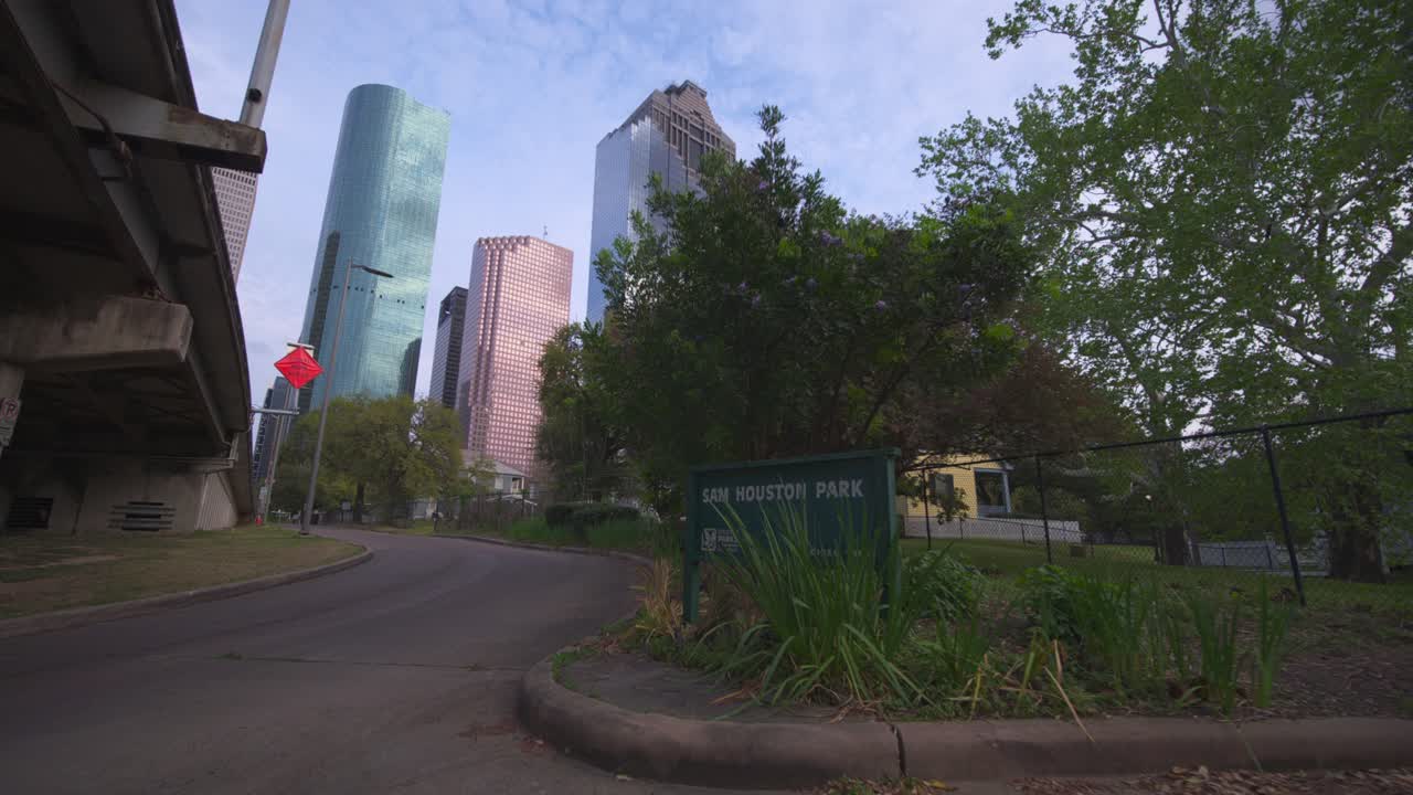 Wide-Angle Drone Shot of Downtown Houston from Sam Houston Park