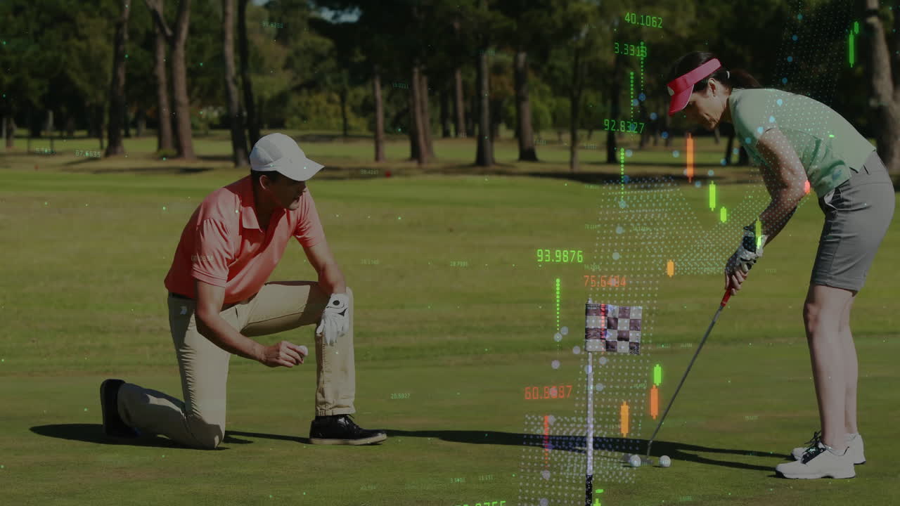 On golf course, golfer analyzing data animation while preparing to putt