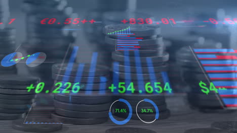 animación del procesamiento de datos financieros sobre pilas de monedas