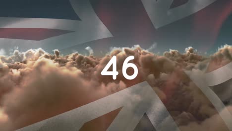 Animation-of-counter-over-clouds-and-flag-of-united-kingdom