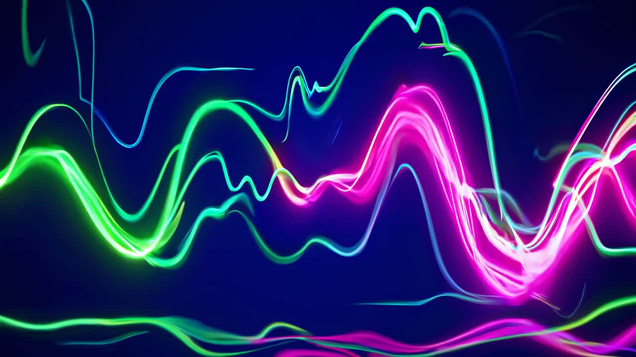 Dynamic neon light waves in green and yellow on a deep blue background, captured from a front angle