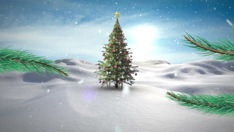 Animation-Von-Schnee,-Der-über-Den-Weihnachtsbaum-In-Der-Winterlandschaft-Fällt