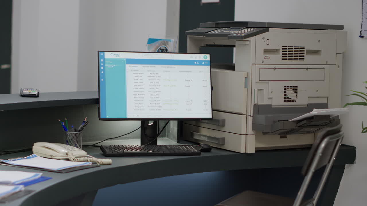 Office reception area with computer and printer