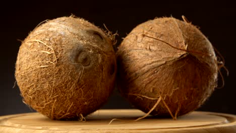 two ripe tropical coconuts rotating on a wooden table against black background. loopable