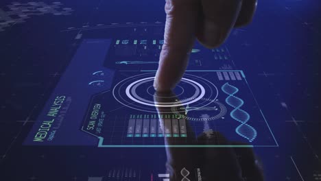 animation of man's finger touching interactive screen with medical data processing